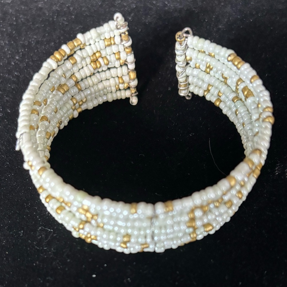 Cuff Bracelet Faux Pearl & Gold Seed Beads New Without Tags